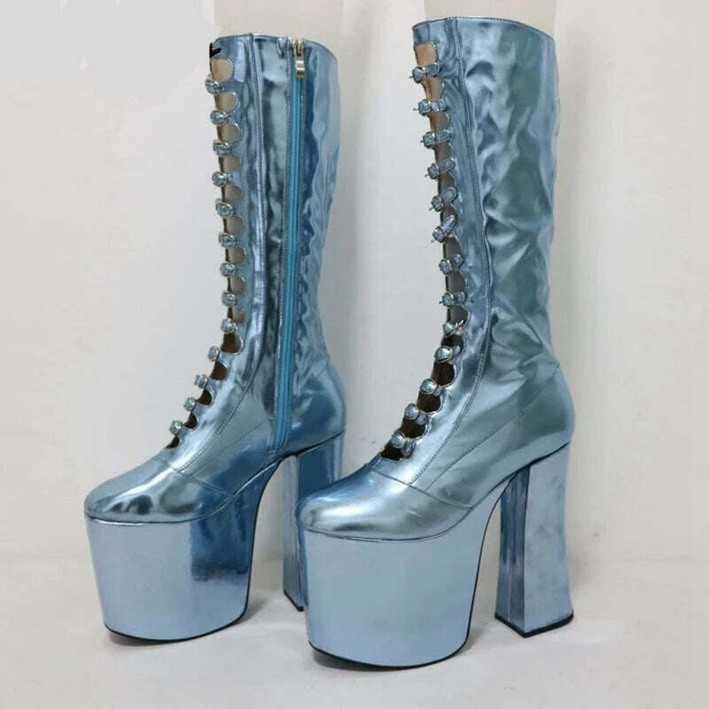KIMLUD, Sorbern Metallic Block Heel Boots Women Knee High Drag Queen Shoes Thick Platform Fetish High Heels Round Toe Hollow Out Front, Sky Blue / 33, KIMLUD APPAREL - Womens Clothes