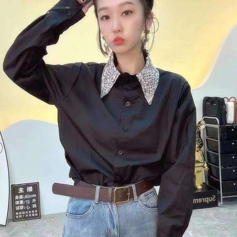 KIMLUD, Sparking Diamonds Stitch Mid-length Cotton Shirts and Blouses For Women 2024 Spring New Long Sleeve Black White Tops Camisas, KIMLUD Womens Clothes