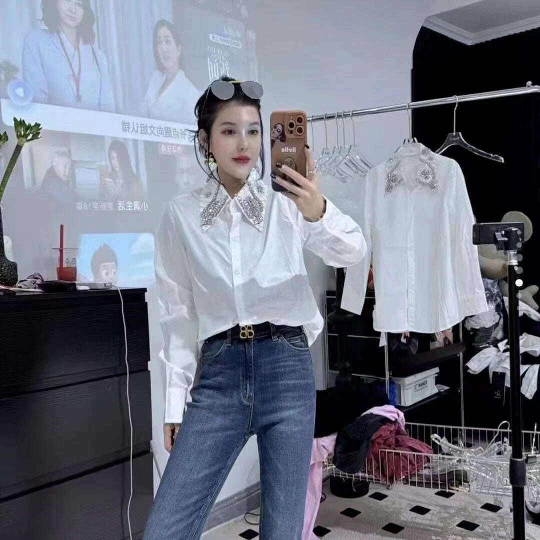 KIMLUD, Sparking Diamonds Stitch Mid-length Cotton Shirts and Blouses For Women 2024 Spring New Long Sleeve Black White Tops Camisas, KIMLUD Womens Clothes