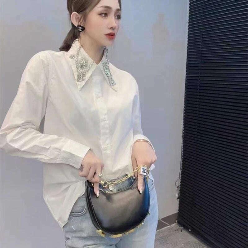 KIMLUD, Sparking Diamonds Stitch Mid-length Cotton Shirts and Blouses For Women 2024 Spring New Long Sleeve Black White Tops Camisas, KIMLUD Womens Clothes