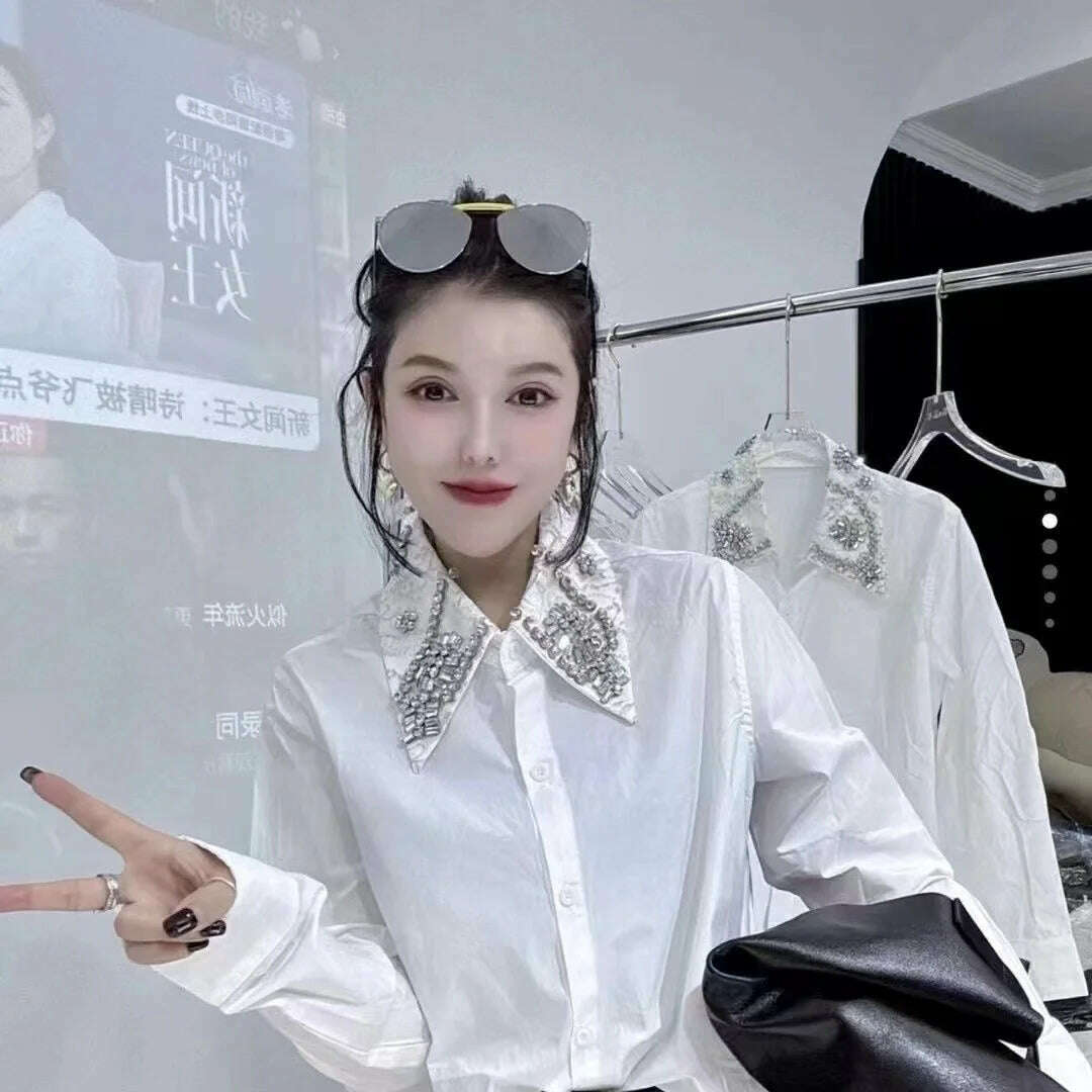 KIMLUD, Sparking Diamonds Stitch Mid-length Cotton Shirts and Blouses For Women 2024 Spring New Long Sleeve Black White Tops Camisas, KIMLUD Womens Clothes