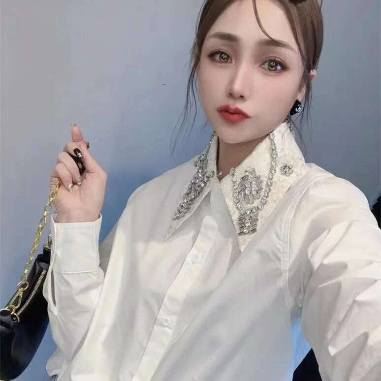 KIMLUD, Sparking Diamonds Stitch Mid-length Cotton Shirts and Blouses For Women 2024 Spring New Long Sleeve Black White Tops Camisas, KIMLUD Womens Clothes