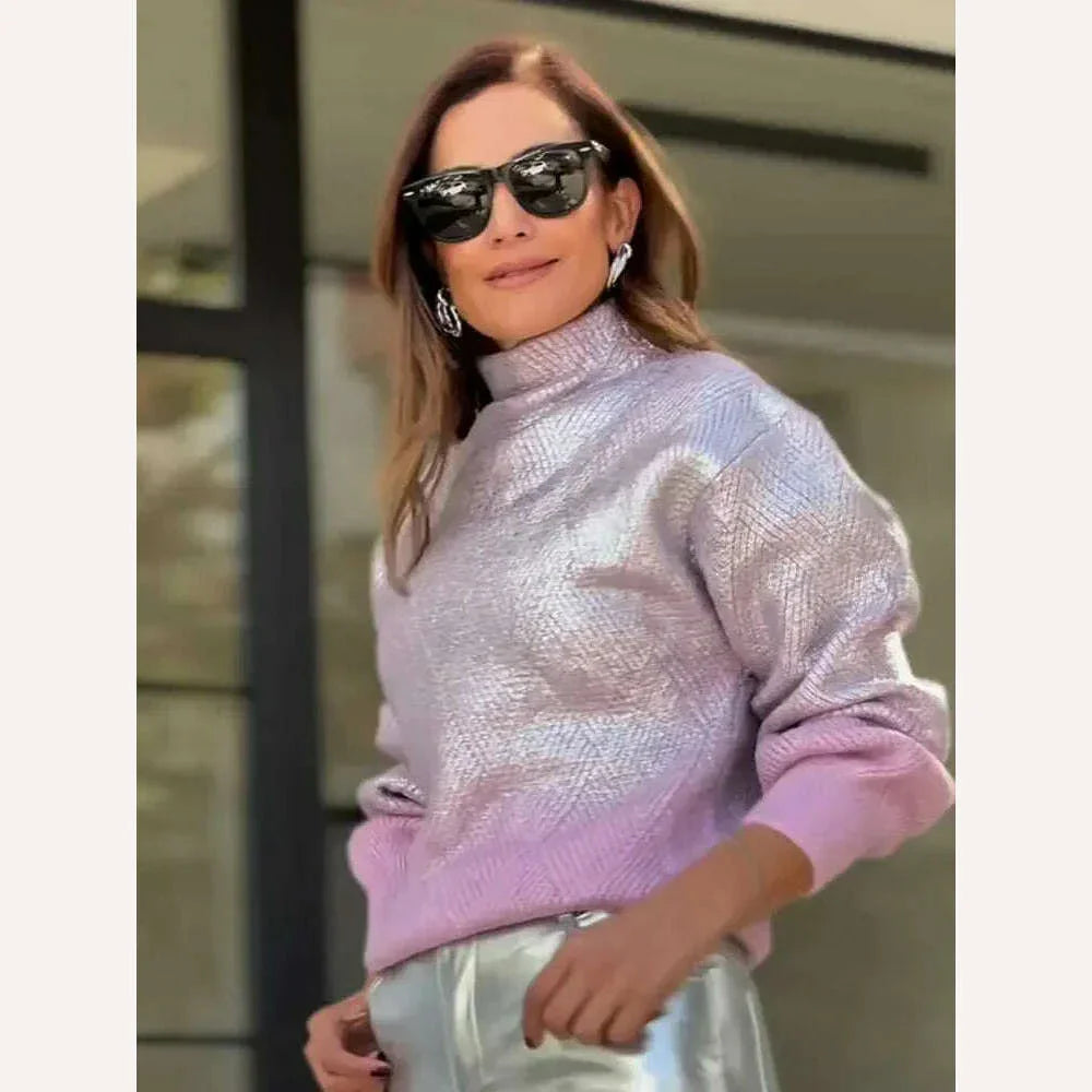 KIMLUD, Sparkling Metal Gradient Color Knit Sweater Women Fashion High Collar Long Sleeves Pullover Tops Elegant Female High Streetwear, KIMLUD Womens Clothes