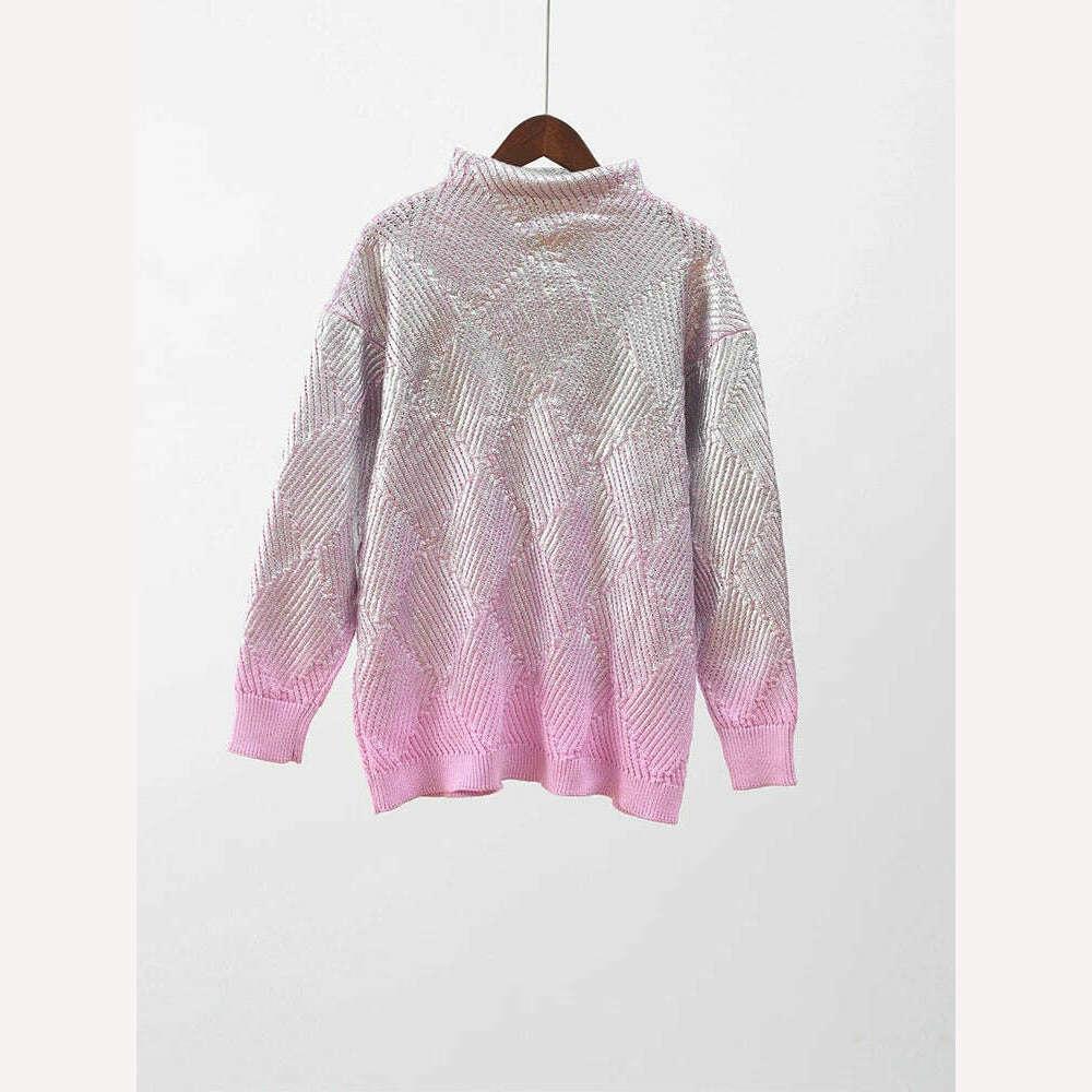 KIMLUD, Sparkling Metal Gradient Knitted Sweater For Women Fashion High Collar Long Sleeves Pullover Tops Elegant Female Warm Streetwear, KIMLUD Womens Clothes
