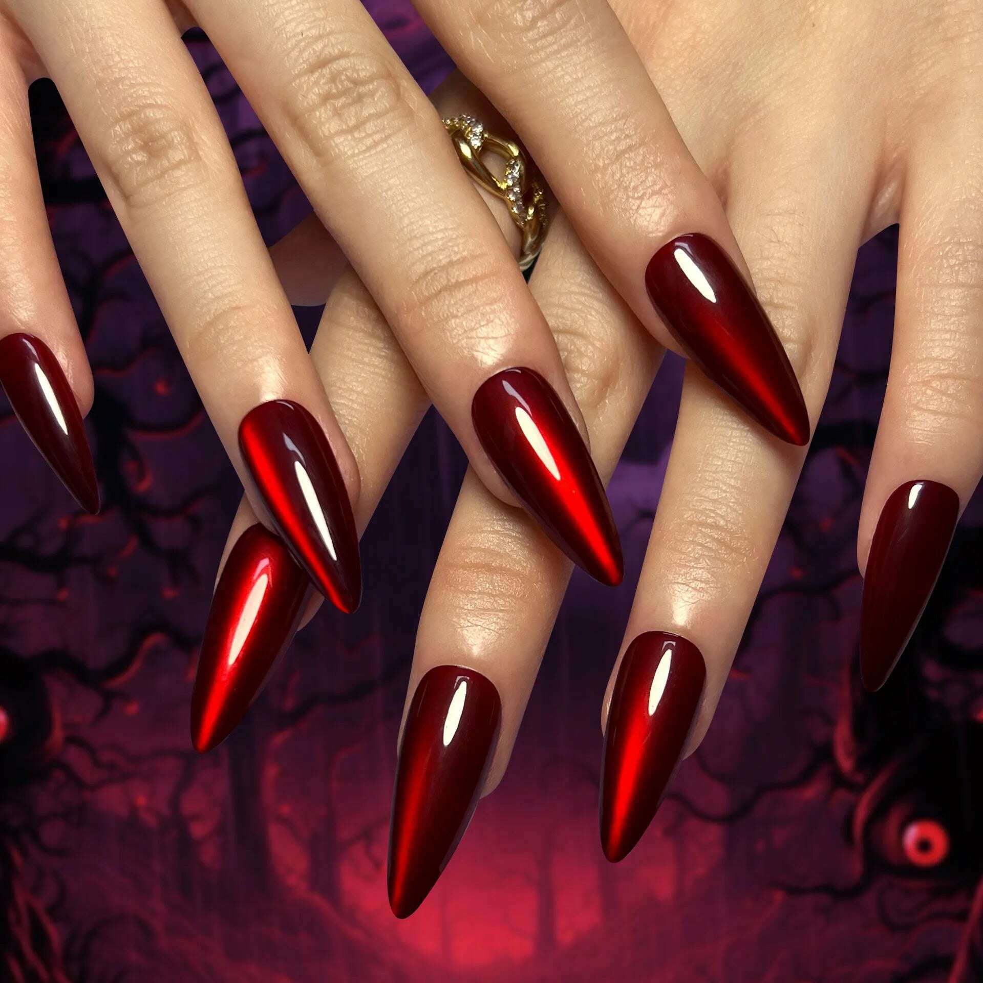 Sparkling Red Cat Eye Solid Color Fake Nail Halloween Fashion Detachable Finished False Nails Press on Nails with Glue Wholesale - KIMLUD