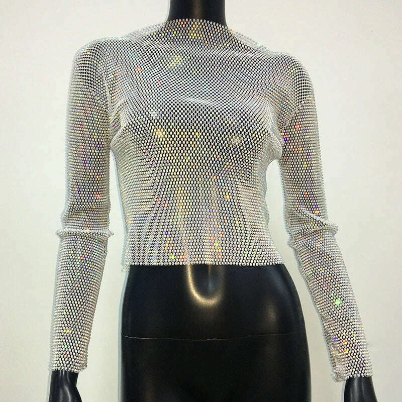 KIMLUD, Sparkly Diamond Fishnet Women's Shirts Long Sleeve O Neck Mesh Sheer Y2K Crop Tops Crystal Rhinestone Sexy Club Party T-Shirt, White AB / One Size, KIMLUD APPAREL - Womens Clothes