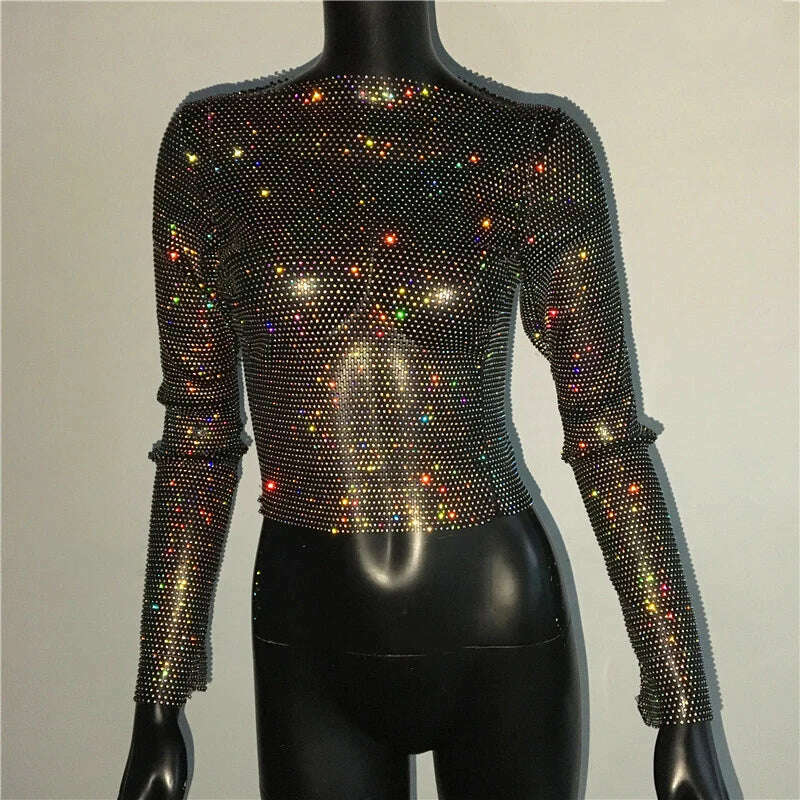 KIMLUD, Sparkly Diamond Fishnet Women's Shirts Long Sleeve O Neck Mesh Sheer Y2K Crop Tops Crystal Rhinestone Sexy Club Party T-Shirt, Black AB / One Size, KIMLUD APPAREL - Womens Clothes