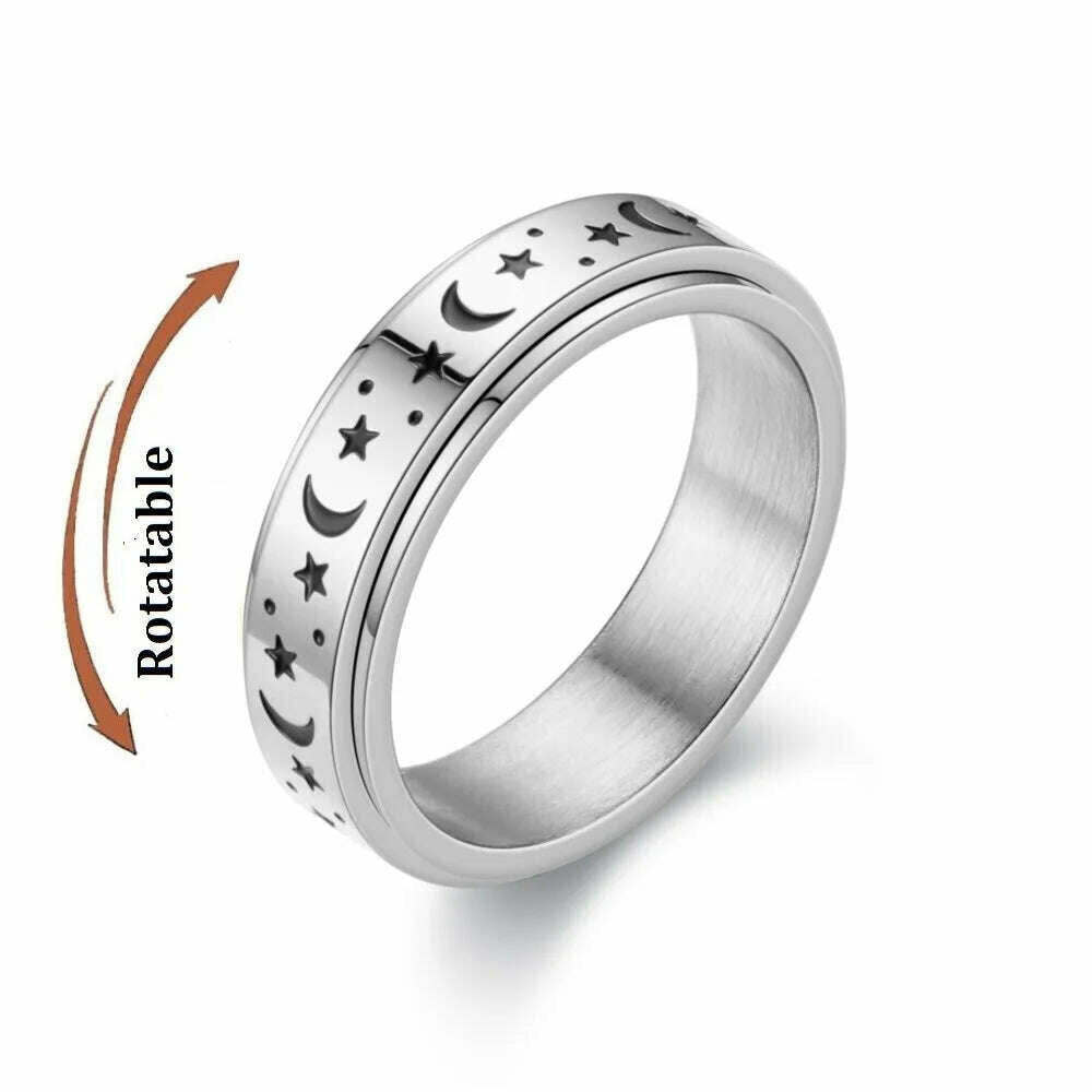 KIMLUD, Spinning Anxiety Relaxing Ring With Star And Moon For Women Stainless Steel Rotate Freely Fidget Spinner Rings Bohemia Jewelry, KIMLUD Womens ClothesKIMLUD, Spinning Anxiety Relaxing Ring With Star And Moon For Women Stainless Steel Rotate Freely Fidget Spinner Rings Bohemia Jewelry, ring-1117 / 9, KIMLUD APPAREL - Womens Clothes