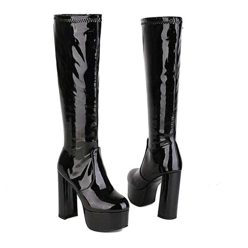 KIMLUD, Splicing Patent Leather Round Toe Chunky Platform Women Boot Solid Color Super High Heel Side Zipper Outdoor Straight Knee Boots, black / 34 / CHINA, KIMLUD APPAREL - Womens Clothes