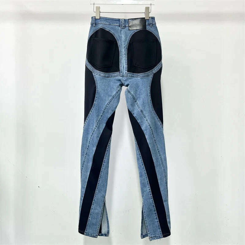 KIMLUD, Spring 2023 New in Women's Jeans Korean Fashion Denim Contrast Panel Women's Pants High Quality Cotton Pencil Pants y2k Trousers, KIMLUD Womens Clothes