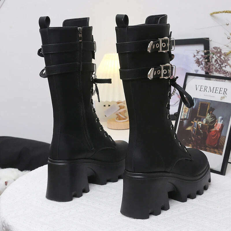 KIMLUD, Spring and autumn new thick sole high heel large size short leg women's single boots,Tall and thin fashion,Side zipper, KIMLUD Womens Clothes