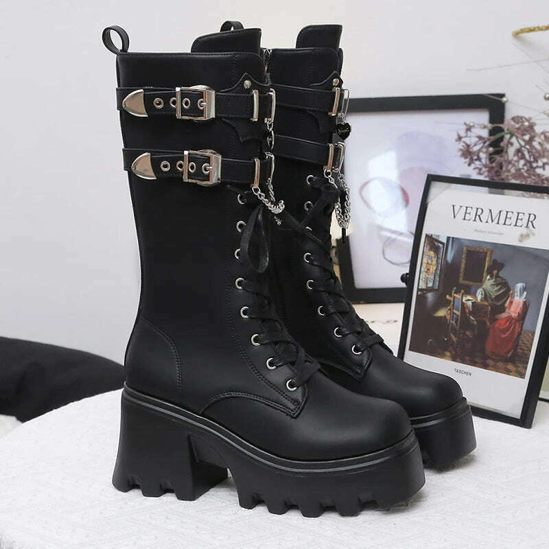 KIMLUD, Spring and autumn new thick sole high heel large size short leg women's single boots,Tall and thin fashion,Side zipper, KIMLUD Womens Clothes