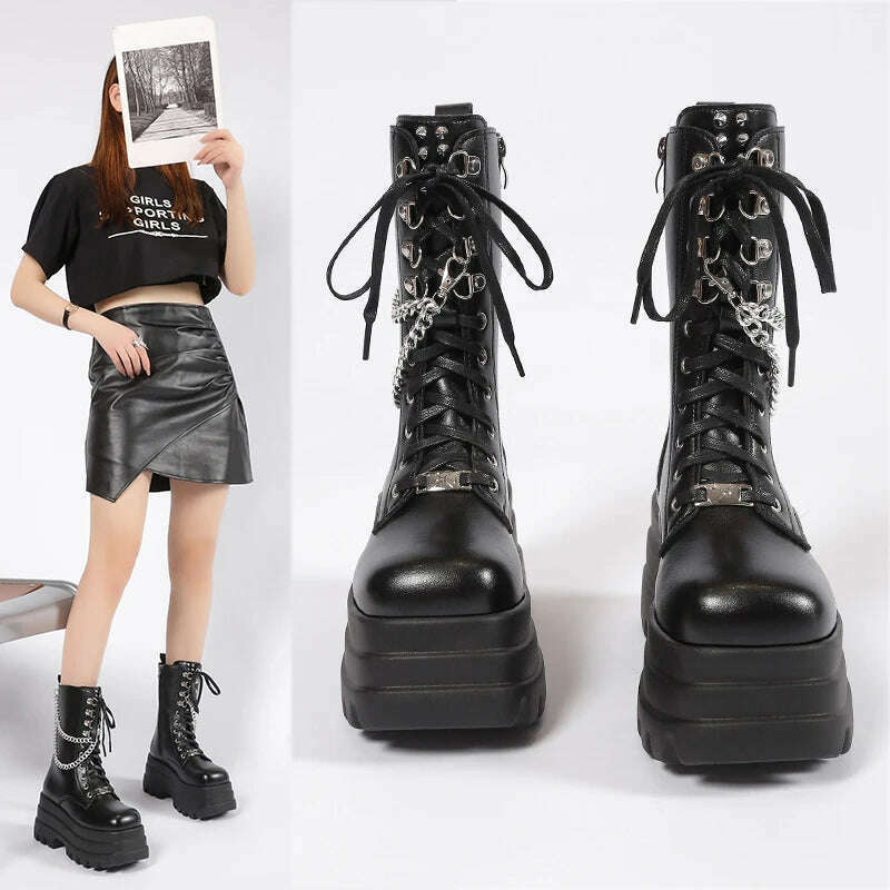 KIMLUD, Spring and autumn new thick sole high heel large size short leg women's single boots,Tall and thin fashion,Side zipper, KIMLUD Womens Clothes