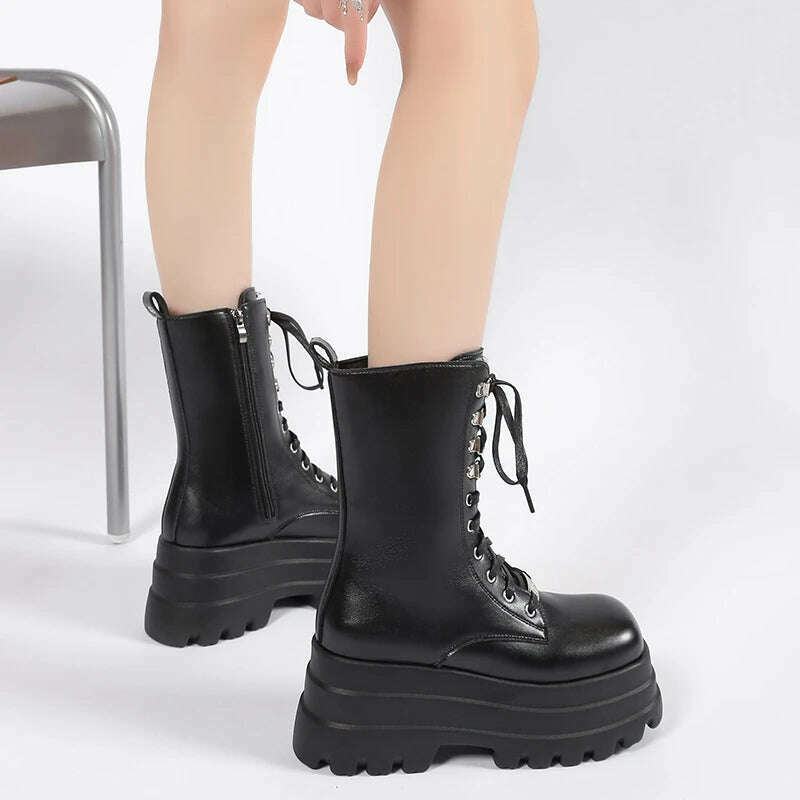KIMLUD, Spring and autumn new thick sole high heel large size short leg women's single boots,Tall and thin fashion,Side zipper, KIMLUD Womens Clothes