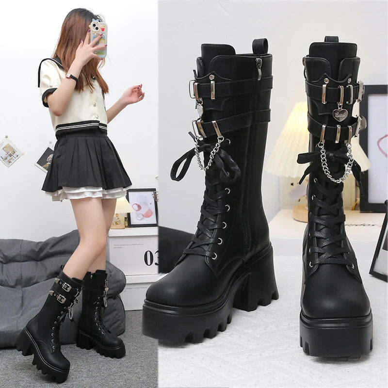 KIMLUD, Spring and autumn new thick sole high heel large size short leg women's single boots,Tall and thin fashion,Side zipper, Black chain 1 / 35, KIMLUD APPAREL - Womens Clothes