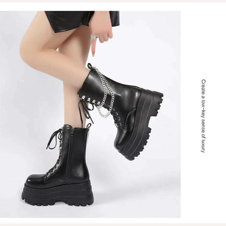 KIMLUD, Spring and autumn new thick sole high heel large size short leg women's single boots,Tall and thin fashion,Side zipper, KIMLUD Womens Clothes