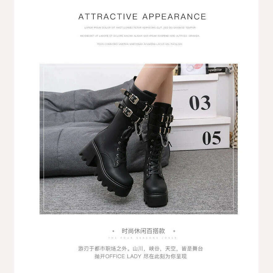 KIMLUD, Spring and autumn new thick sole high heel large size short leg women's single boots,Tall and thin fashion,Side zipper, KIMLUD Womens Clothes