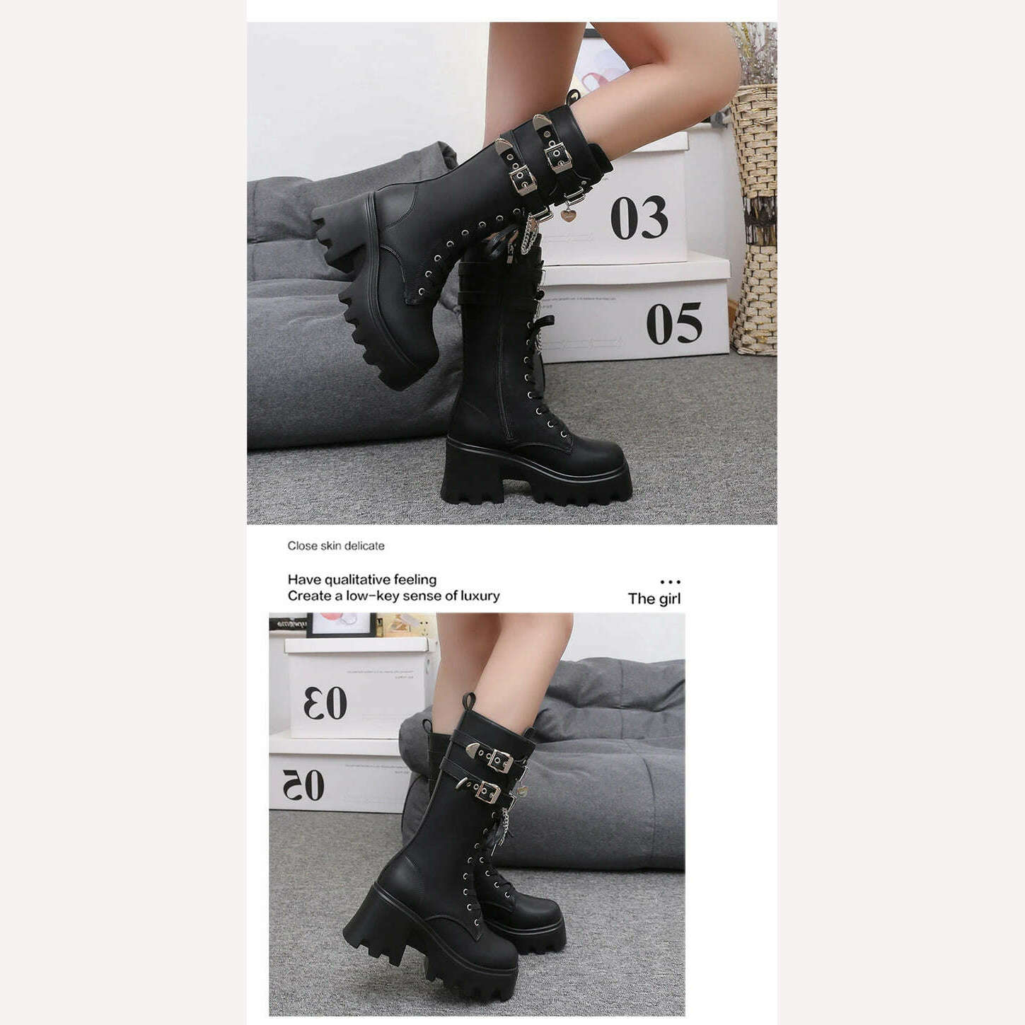 KIMLUD, Spring and autumn new thick sole high heel large size short leg women's single boots,Tall and thin fashion,Side zipper, KIMLUD Womens Clothes