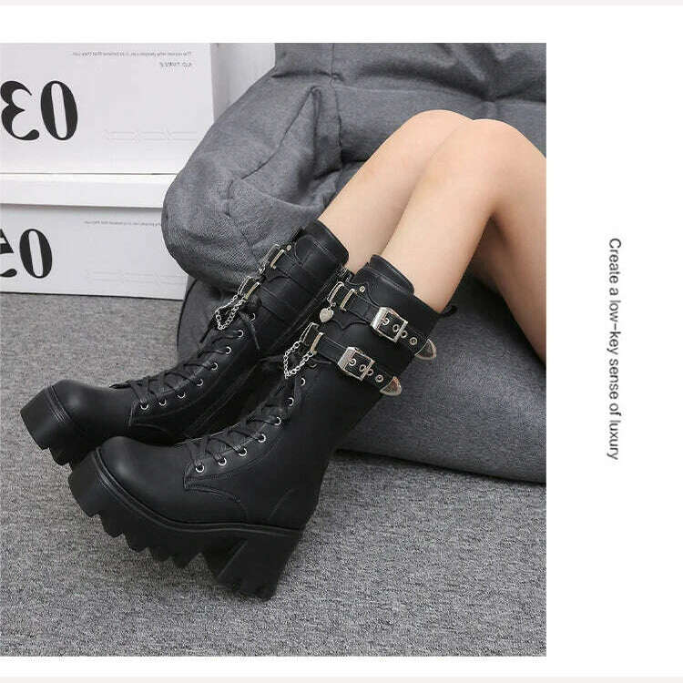 KIMLUD, Spring and autumn new thick sole high heel large size short leg women's single boots,Tall and thin fashion,Side zipper, KIMLUD Womens Clothes