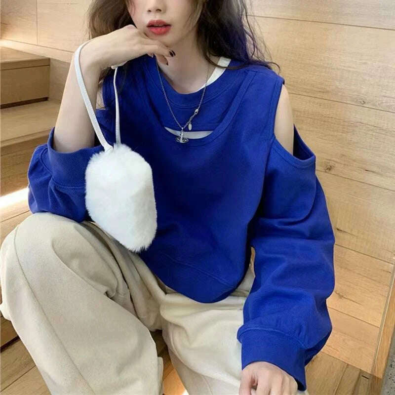 Spring Autumn Casual Fashion Hollow Out Sweatshirt Ladies Loose All-match Off the Shoulder Top Women Korean Style Solid Pullover - KIMLUD
