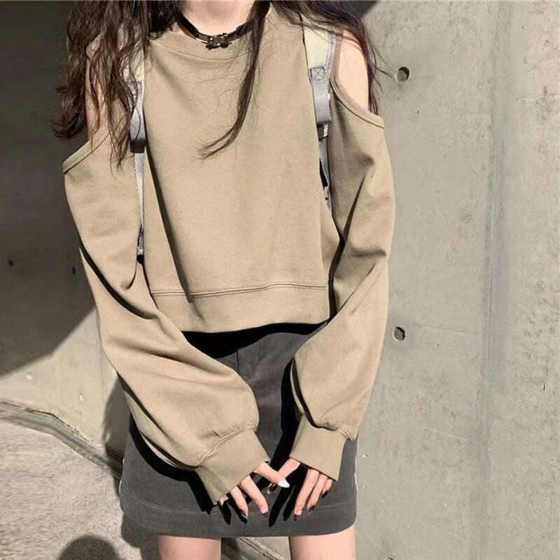 Spring Autumn Casual Fashion Hollow Out Sweatshirt Ladies Loose All-match Off the Shoulder Top Women Korean Style Solid Pullover - KIMLUD