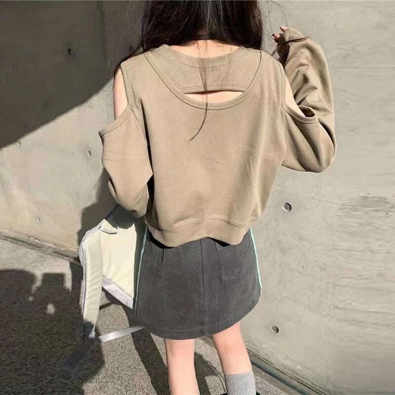 Spring Autumn Casual Fashion Hollow Out Sweatshirt Ladies Loose All-match Off the Shoulder Top Women Korean Style Solid Pullover - KIMLUD