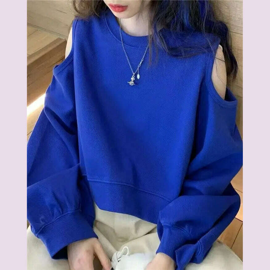 Spring Autumn Casual Fashion Hollow Out Sweatshirt Ladies Loose All-match Off the Shoulder Top Women Korean Style Solid Pullover - KIMLUD