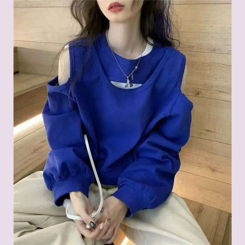Spring Autumn Casual Fashion Hollow Out Sweatshirt Ladies Loose All-match Off the Shoulder Top Women Korean Style Solid Pullover - KIMLUD