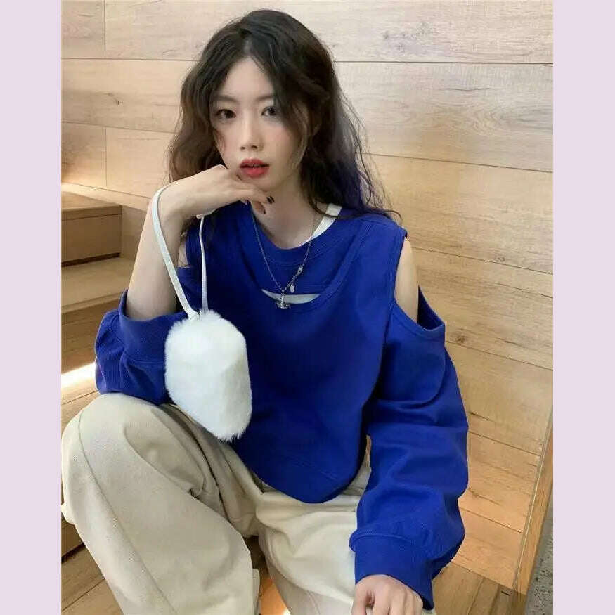 Spring Autumn Casual Fashion Hollow Out Sweatshirt Ladies Loose All-match Off the Shoulder Top Women Korean Style Solid Pullover - KIMLUD