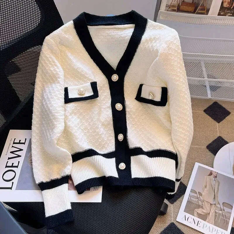 KIMLUD, Spring Autumn Color Blocking Tweed Style Women's Petite Cropped Sweater Jacket Long Sleeve Knitted Cardigan Top Versatile, S Recommendation 40.00 kg-47.50 kg / creamy-white, KIMLUD APPAREL - Womens Clothes