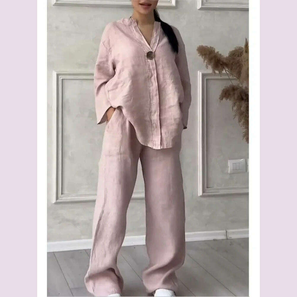 Spring Autumn Fashion Cotton And Linen Solid Two Piece Set Women Causal Loose V-neck Top Wide Leg Pants 2 Piece Sets Woman - KIMLUD