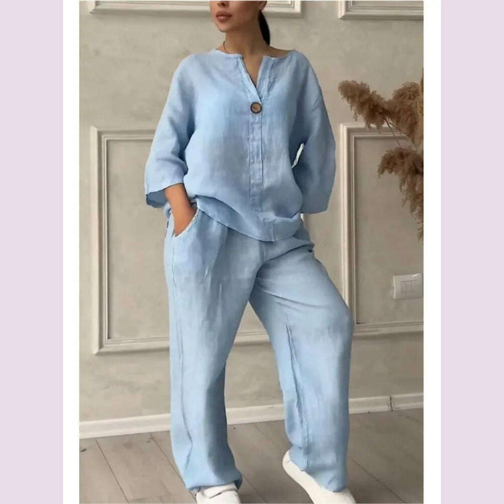 Spring Autumn Fashion Cotton And Linen Solid Two Piece Set Women Causal Loose V-neck Top Wide Leg Pants 2 Piece Sets Woman - KIMLUD