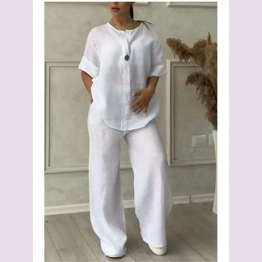 Spring Autumn Fashion Cotton And Linen Solid Two Piece Set Women Causal Loose V-neck Top Wide Leg Pants 2 Piece Sets Woman - KIMLUD