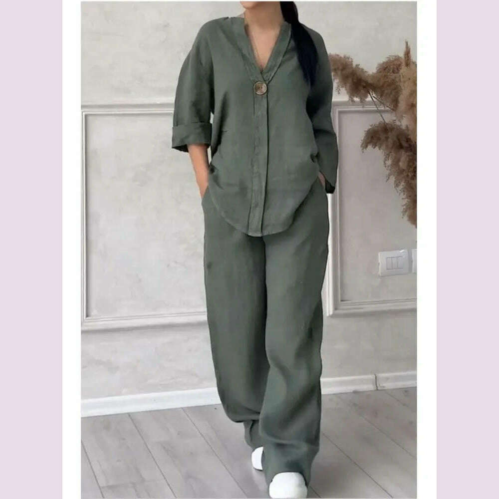 Spring Autumn Fashion Cotton And Linen Solid Two Piece Set Women Causal Loose V-neck Top Wide Leg Pants 2 Piece Sets Woman - KIMLUD