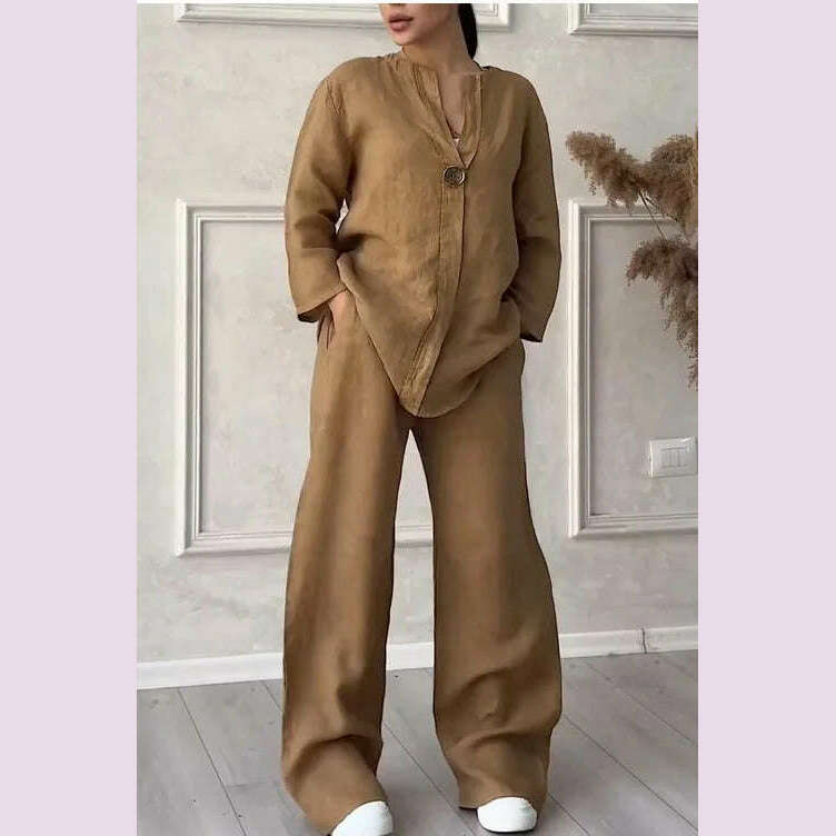 Spring Autumn Fashion Cotton And Linen Solid Two Piece Set Women Causal Loose V-neck Top Wide Leg Pants 2 Piece Sets Woman - KIMLUD