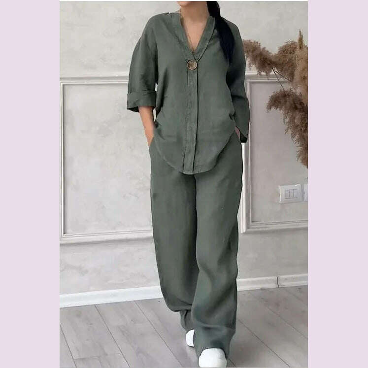 Spring Autumn Fashion Cotton And Linen Solid Two Piece Set Women Causal Loose V-neck Top Wide Leg Pants 2 Piece Sets Woman - KIMLUD