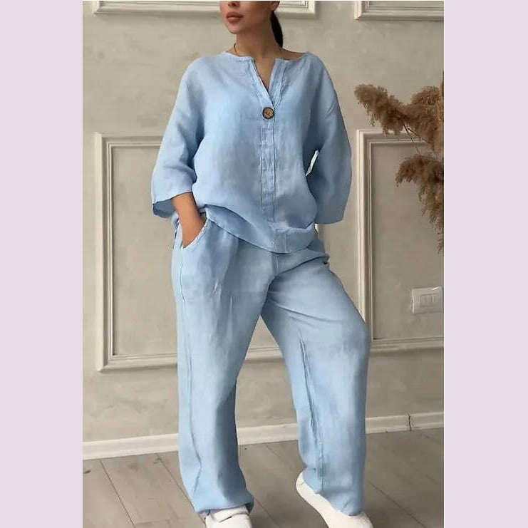 Spring Autumn Fashion Cotton And Linen Solid Two Piece Set Women Causal Loose V-neck Top Wide Leg Pants 2 Piece Sets Woman - KIMLUD