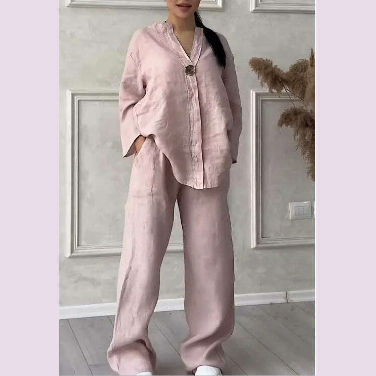 Spring Autumn Fashion Cotton And Linen Solid Two Piece Set Women Causal Loose V-neck Top Wide Leg Pants 2 Piece Sets Woman - KIMLUD