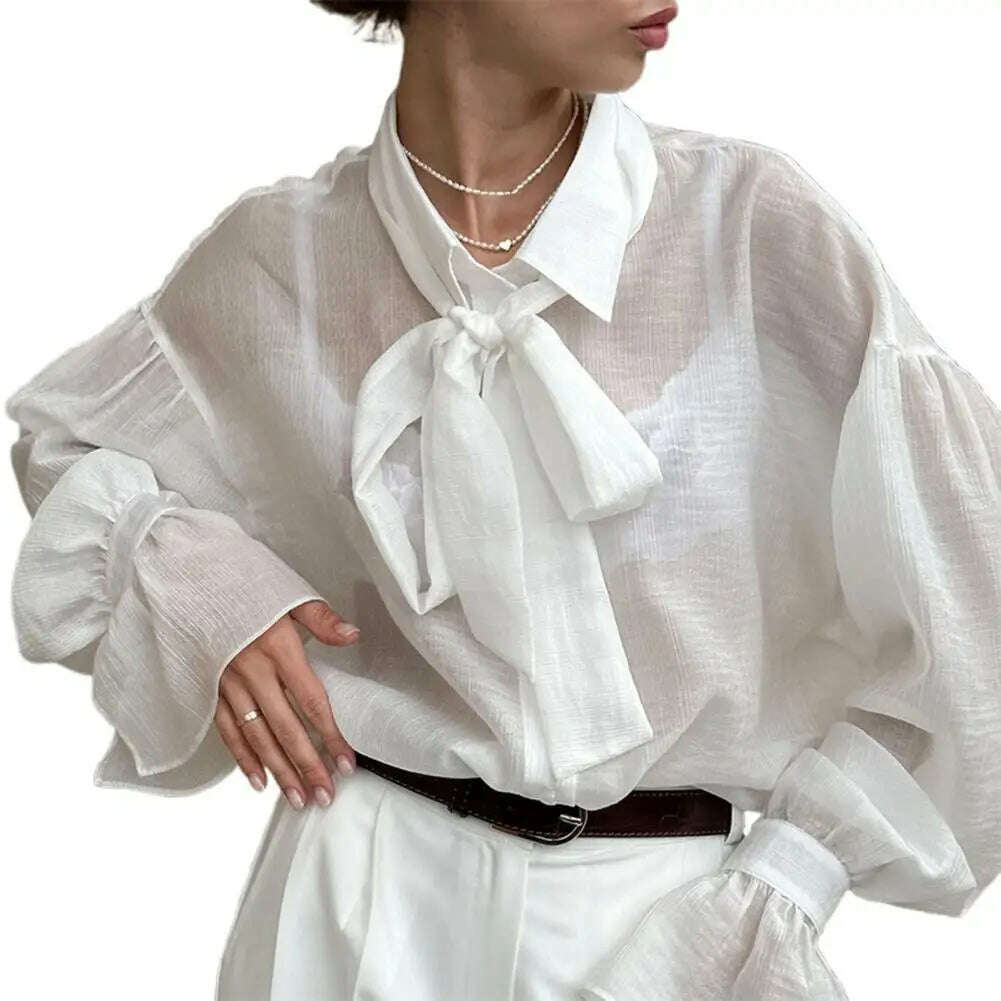 KIMLUD, Spring Autumn Fashion White Ruffled Elegant Blouse Top Women New Long Sleeve Lapel Woman Shirt Solid Office Ladies Loose Tops, KIMLUD Womens Clothes