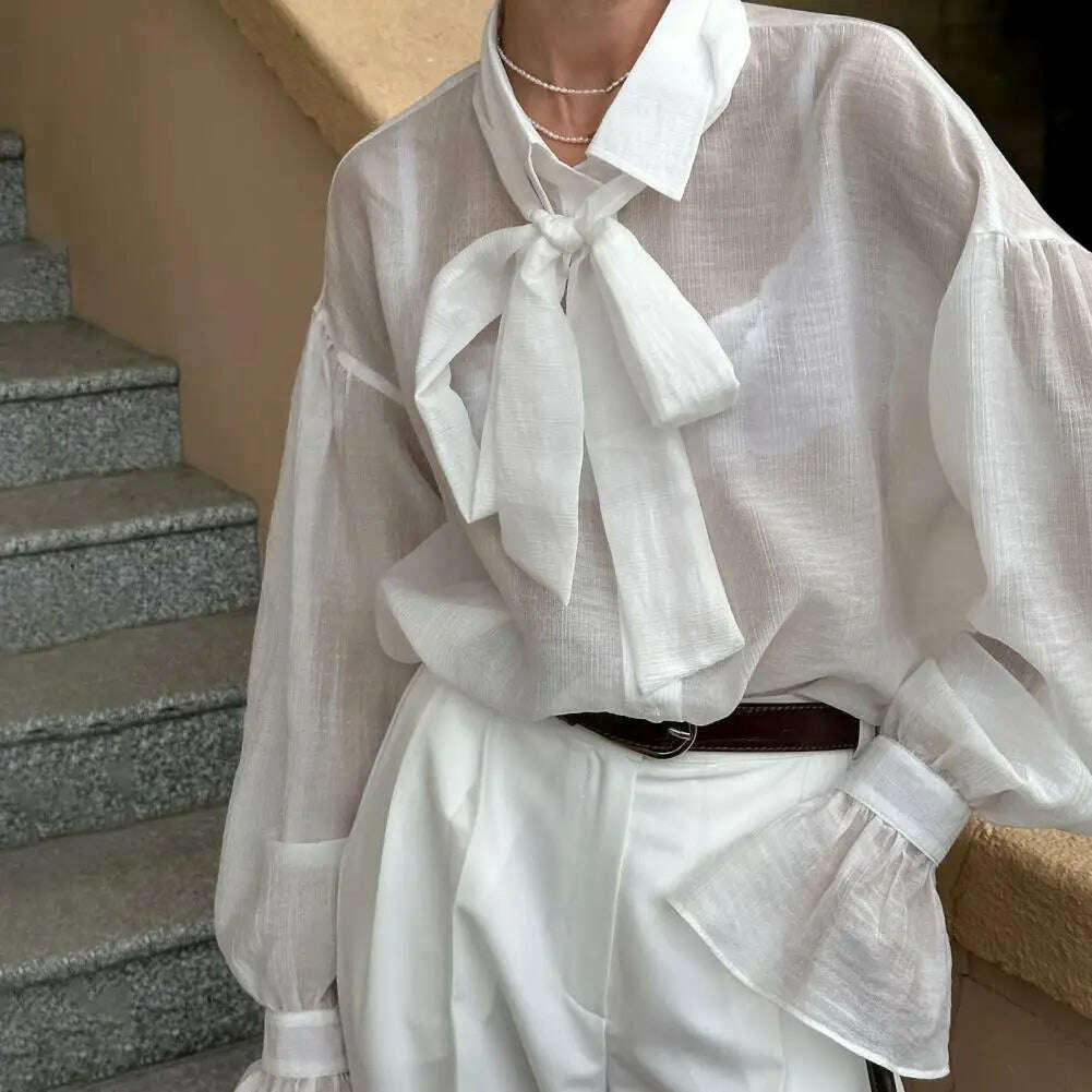 KIMLUD, Spring Autumn Fashion White Ruffled Elegant Blouse Top Women New Long Sleeve Lapel Woman Shirt Solid Office Ladies Loose Tops, KIMLUD Womens Clothes