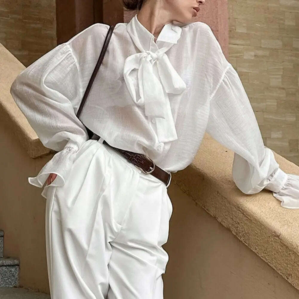 KIMLUD, Spring Autumn Fashion White Ruffled Elegant Blouse Top Women New Long Sleeve Lapel Woman Shirt Solid Office Ladies Loose Tops, KIMLUD Womens Clothes