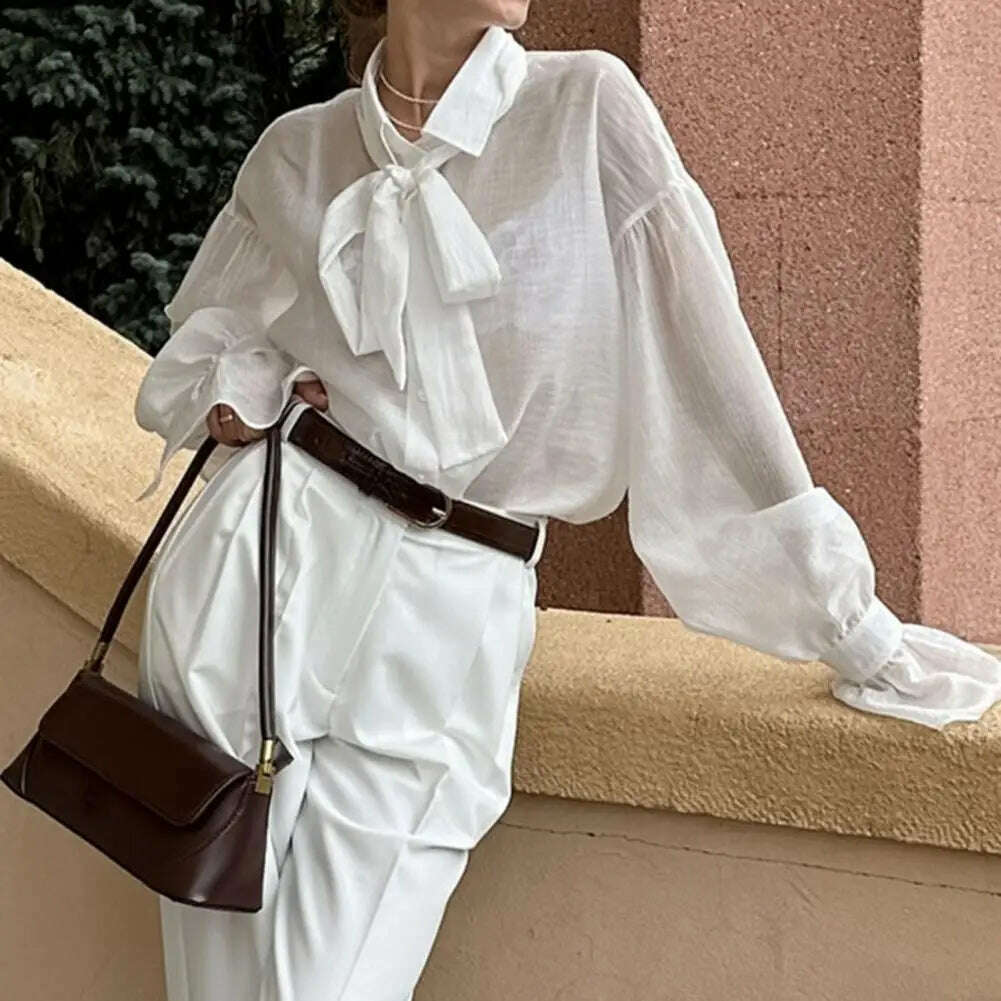 KIMLUD, Spring Autumn Fashion White Ruffled Elegant Blouse Top Women New Long Sleeve Lapel Woman Shirt Solid Office Ladies Loose Tops, KIMLUD Womens Clothes