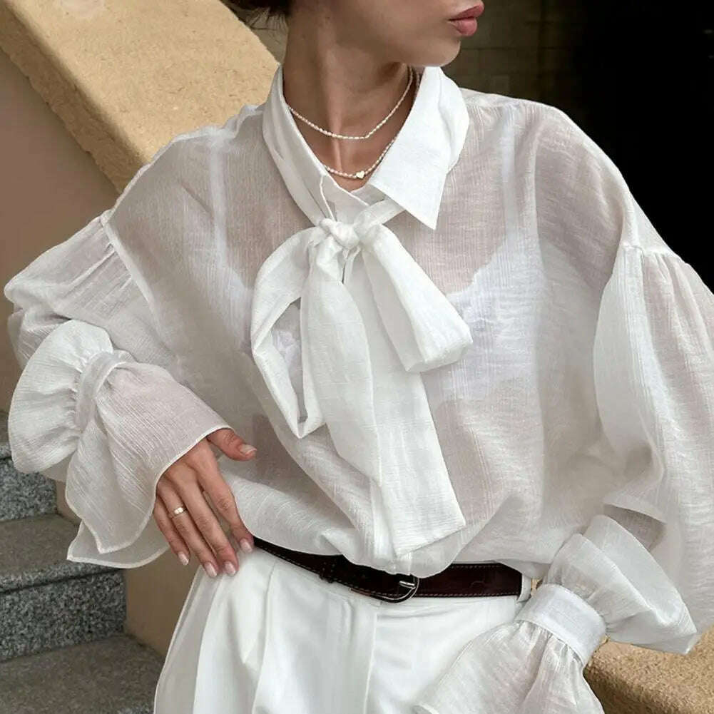 KIMLUD, Spring Autumn Fashion White Ruffled Elegant Blouse Top Women New Long Sleeve Lapel Woman Shirt Solid Office Ladies Loose Tops, KIMLUD Womens Clothes