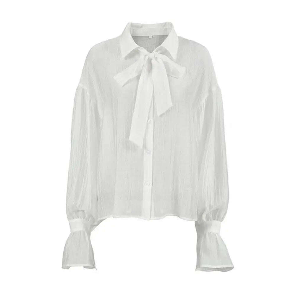 KIMLUD, Spring Autumn Fashion White Ruffled Elegant Blouse Top Women New Long Sleeve Lapel Woman Shirt Solid Office Ladies Loose Tops, White / S, KIMLUD APPAREL - Womens Clothes