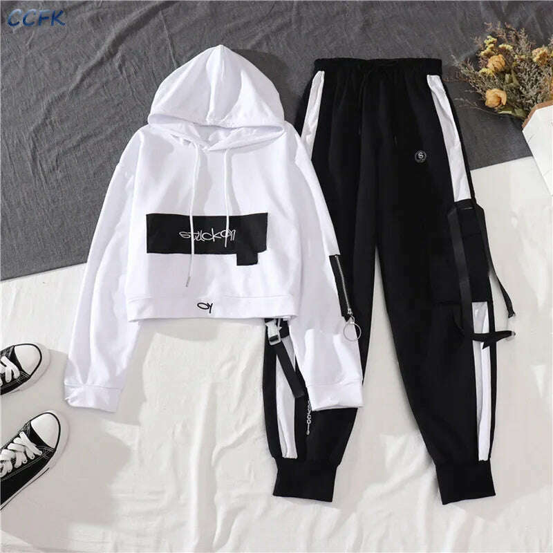 KIMLUD, Spring Autumn Female Cargo Pants Sets Egirl Streetwear High Waist Joggers Women 2 Piece Set Long Sleeve Top with Trousers, KIMLUD Womens Clothes