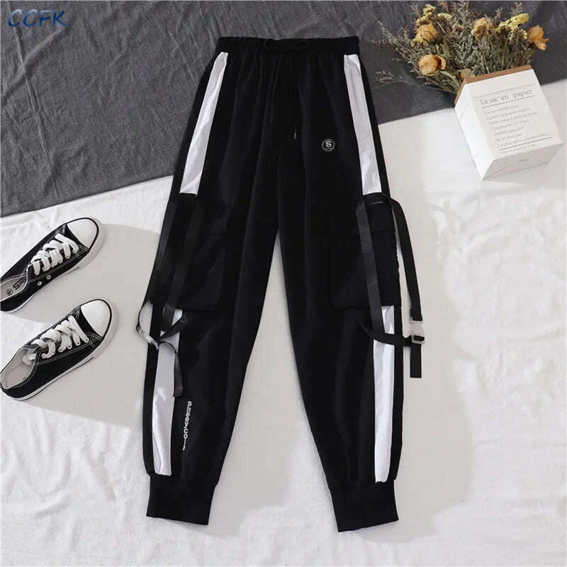 KIMLUD, Spring Autumn Female Cargo Pants Sets Egirl Streetwear High Waist Joggers Women 2 Piece Set Long Sleeve Top with Trousers, KIMLUD Womens Clothes