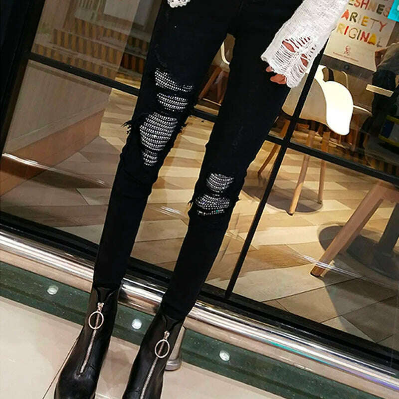 KIMLUD, Spring Autumn Hole Sequined Jeans Women Streetwear High Elastic Stretch Skinny Pencil Pants Female Denim Trousers, KIMLUD Womens Clothes