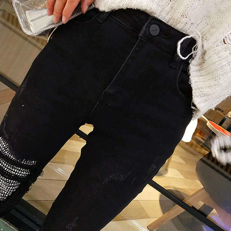 KIMLUD, Spring Autumn Hole Sequined Jeans Women Streetwear High Elastic Stretch Skinny Pencil Pants Female Denim Trousers, KIMLUD Womens Clothes