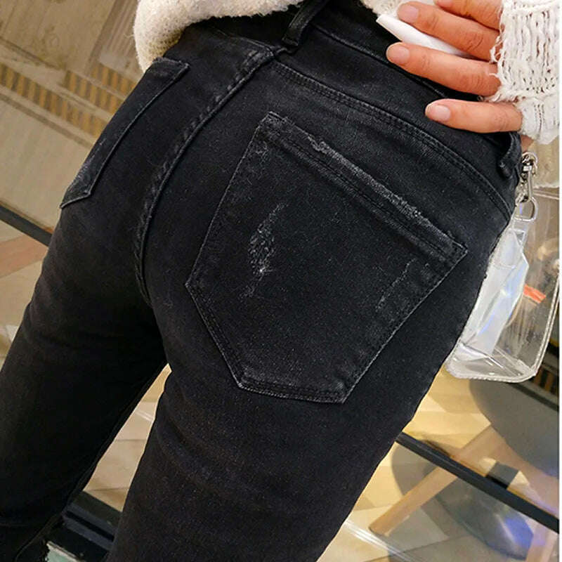 KIMLUD, Spring Autumn Hole Sequined Jeans Women Streetwear High Elastic Stretch Skinny Pencil Pants Female Denim Trousers, KIMLUD Womens Clothes