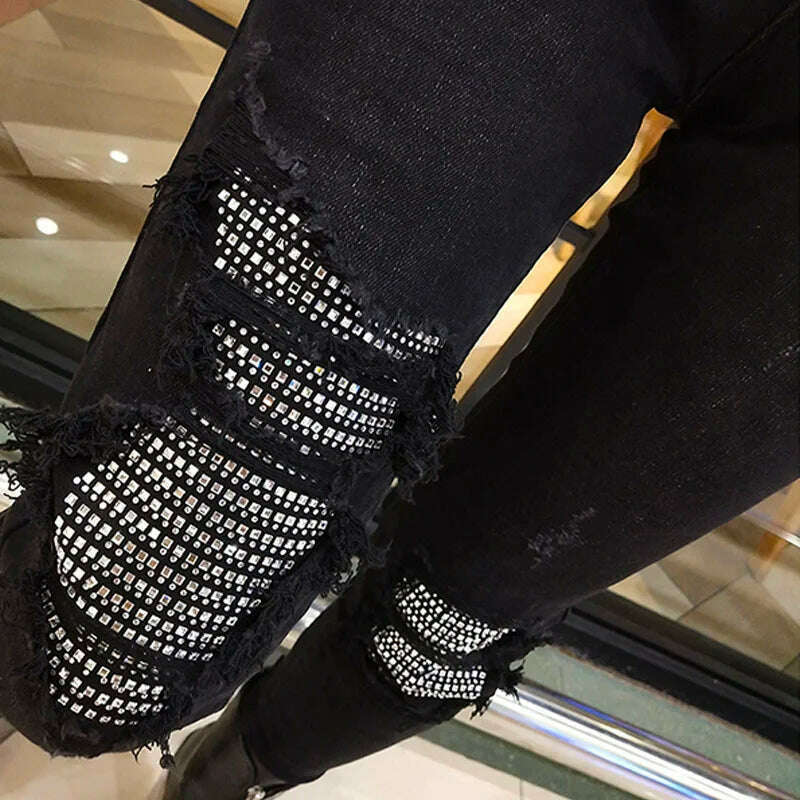KIMLUD, Spring Autumn Hole Sequined Jeans Women Streetwear High Elastic Stretch Skinny Pencil Pants Female Denim Trousers, KIMLUD Womens Clothes